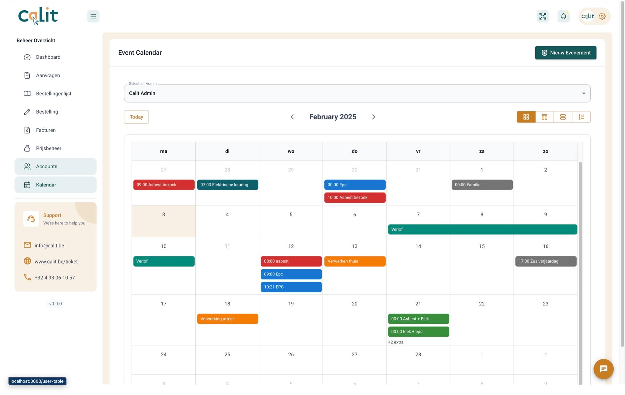 Planningskalender in het Certi-Check CRM met geplande keuringen per dag