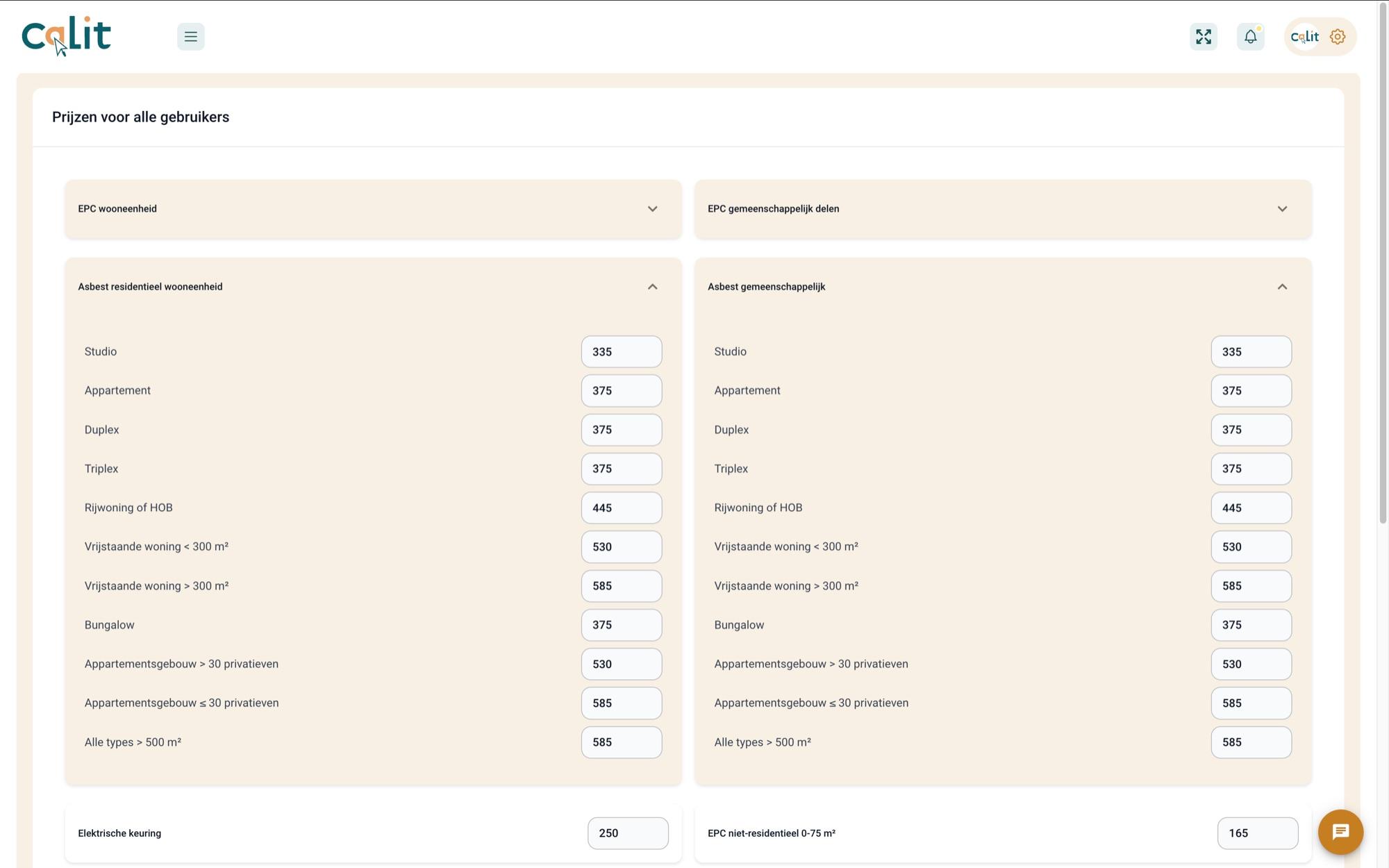 Prijsbeheer in het Certi-Check CRM met tarieven per woningtype