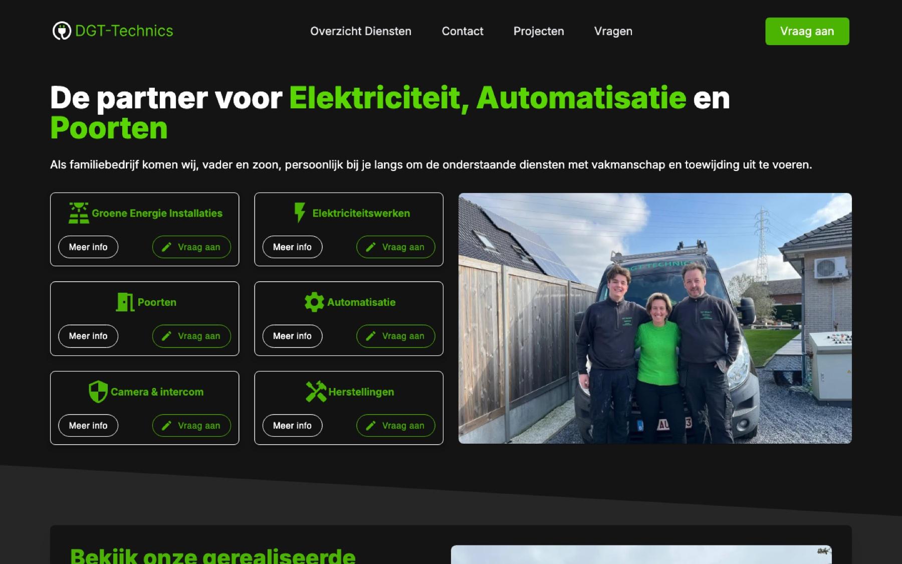 Homepage van DGT-Technics met de zes diensten en een foto van het familiebedrijf
