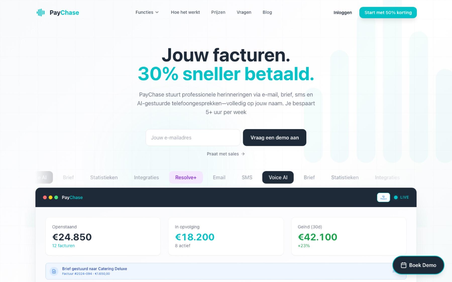 Homepage van PayChase met het overzicht van openstaande en geïnde facturen