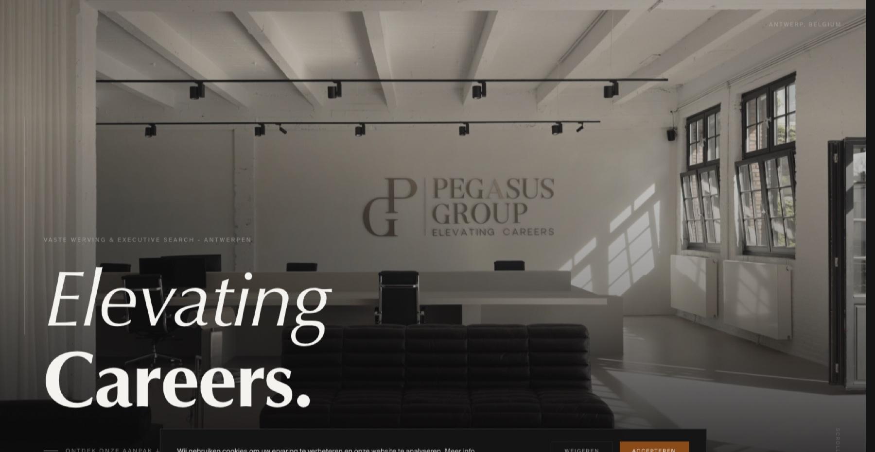 Homepage van Pegasus Group met de hero-afbeelding van hun kantoor in Antwerpen